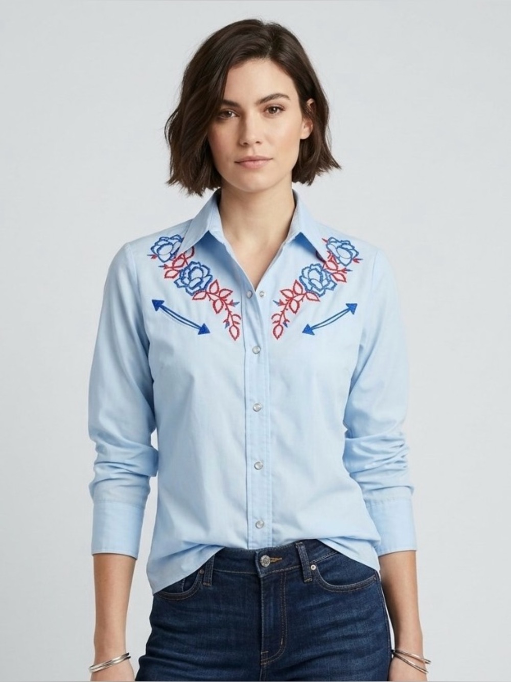Vintage 70s H Bar C California Ranchwear Embroidered Pearl Snap Shirt Womens 36